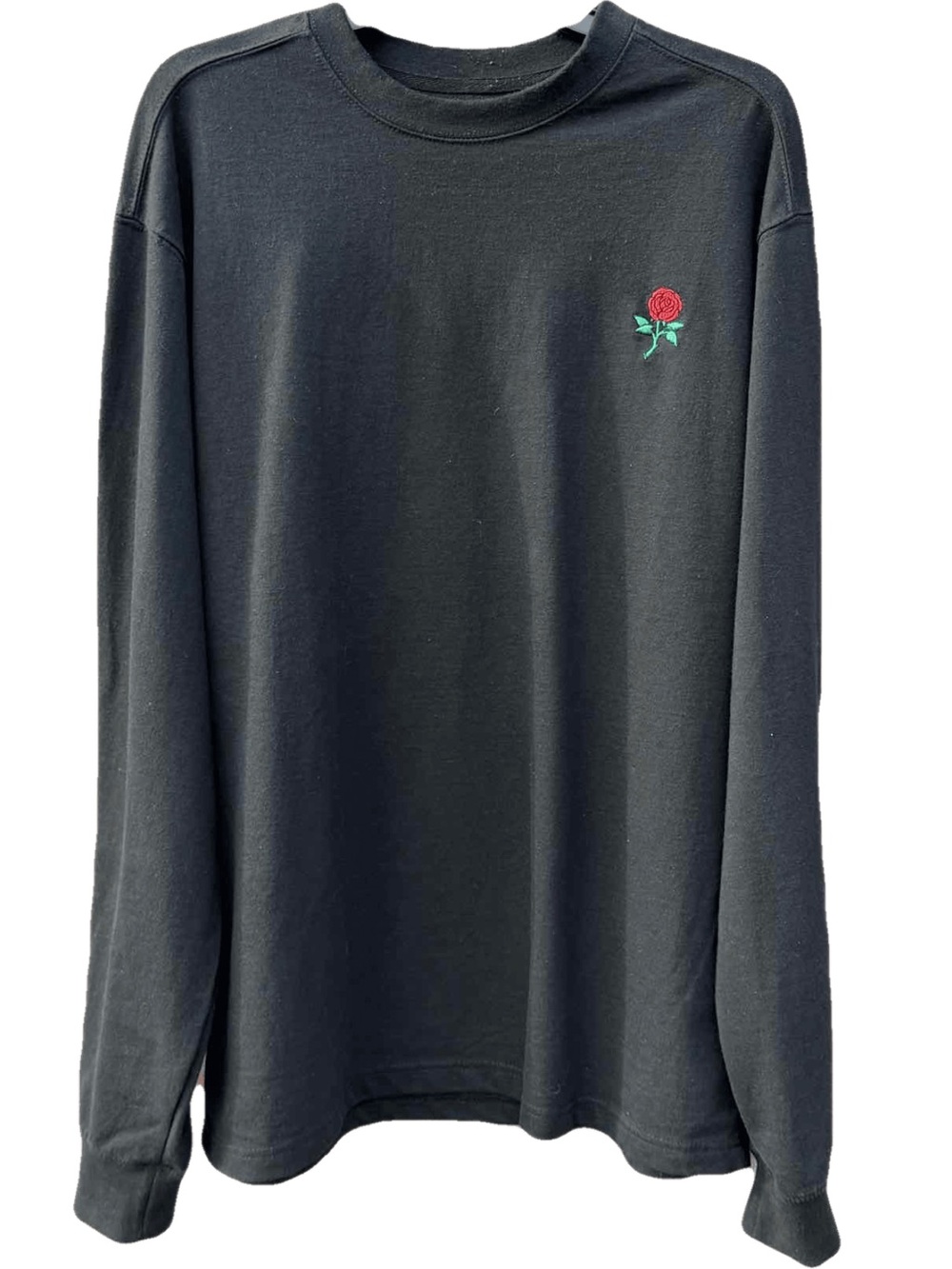 Eighty Eight Black Crewneck Sweater with Red Rose Embroidery